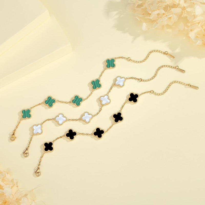 HAITTY 18K Gold Plated Clover Bracelet Set for Women White/Black/Gold/Silver/Green/Pink Adjustable Link Double-Sided Lucky Bracelets Trendy Bracelets Set Jewelry Gifts for Women Men - Image 5
